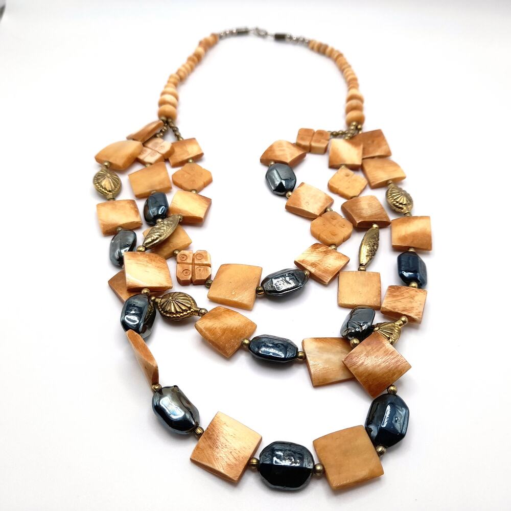 Vintage Boho Carved Shell Beaded Long Necklace, Three Strands, 22 Inches
